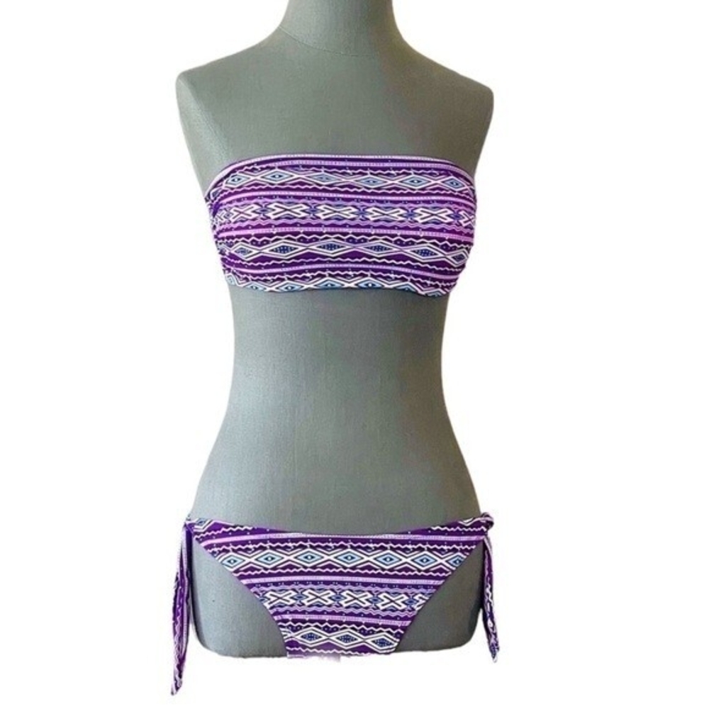 Boho Purple Multicolor Bikini Set 2-Piece Swimsuit Size S/M Cup B Polyester - Picture 3 of 8